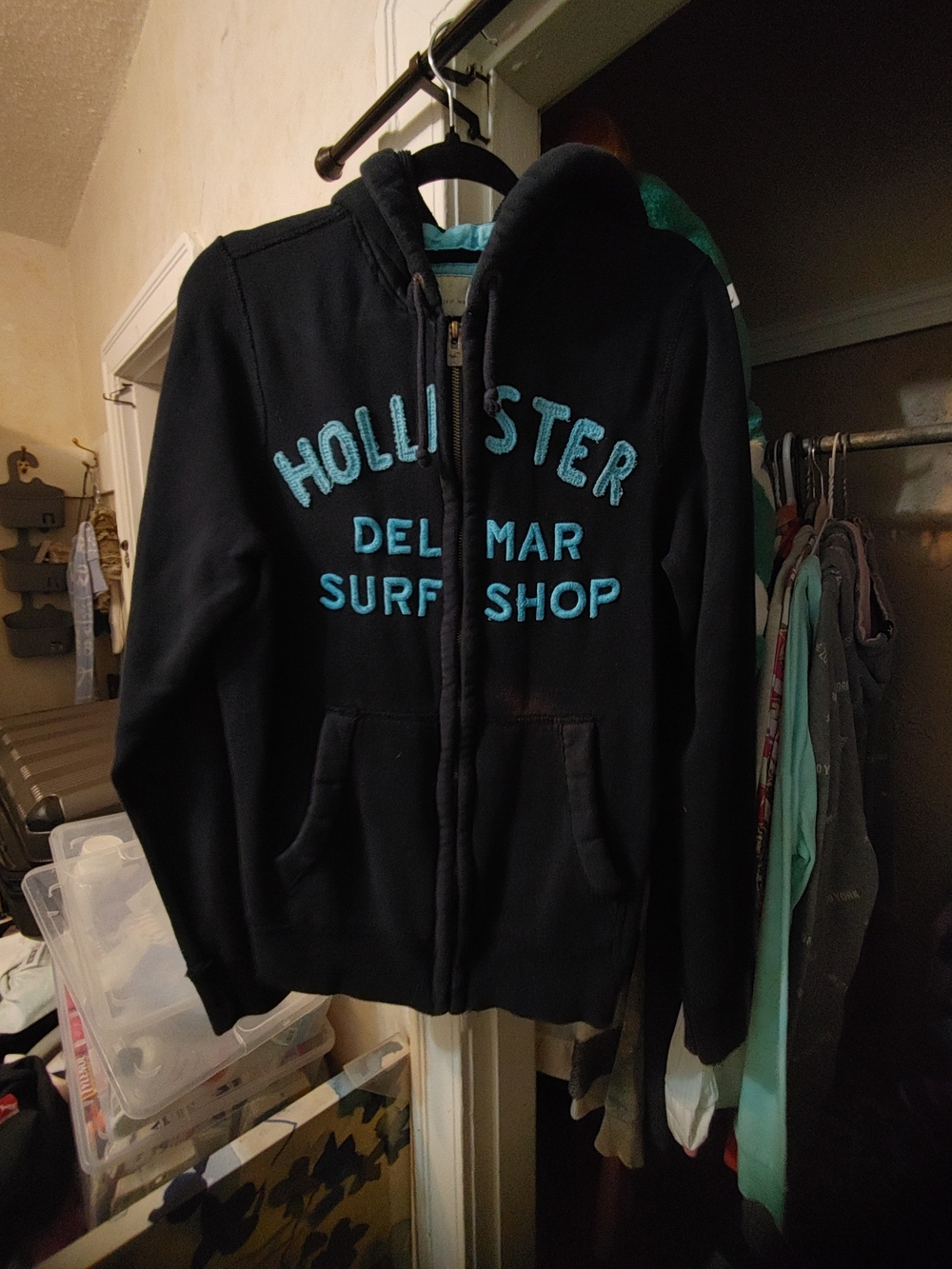 Hollister Navy Zip-Up Hoodie with Aqua Lettering